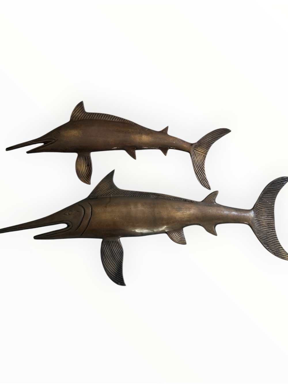 vintage MCM nautical brass marlin / swordfish wall sculpture decor large